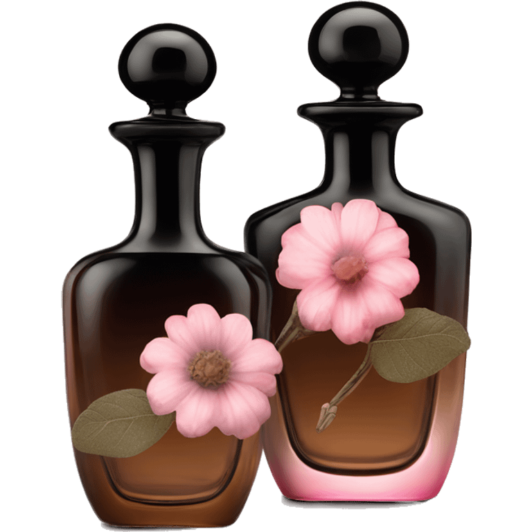 Two English vintage glass perfume bottles from my aristocratic grandmother, exquisite bottle shape, old and shabby, with label, stylish and minimalistic, black and brown with pink gradient, with little herbal and flowers  emoji