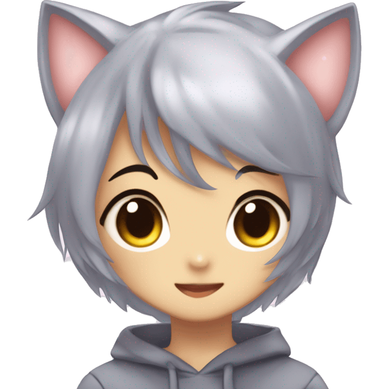 Cute Kawaii Beautiful Gorgeous Sparkly Shiny Blushing Anime Style Shojo Catboy With Pretty Hair And Hoodie Trendy Style Outside emoji