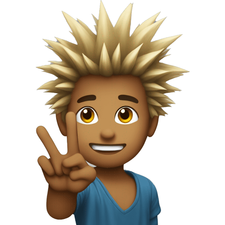 Kid with spiky hair holding up “rock on” finger sign emoji