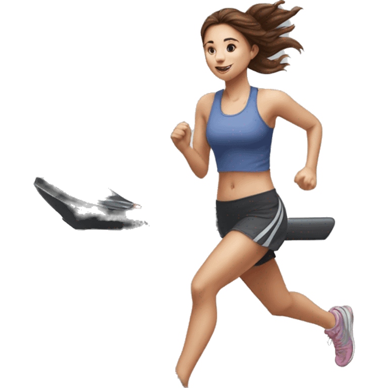 Full length hyperrealistic pencil drawing of a girl with brown hair running on a treadmill emoji