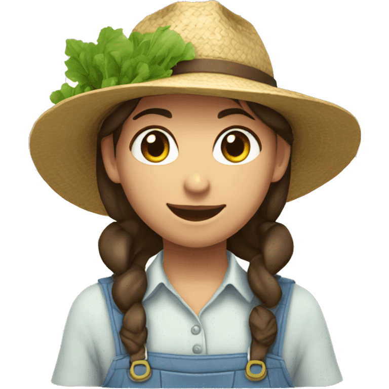 farmer girl, light blue eyes, dark brown hair, with a straw hat, ponytail, holding greens emoji