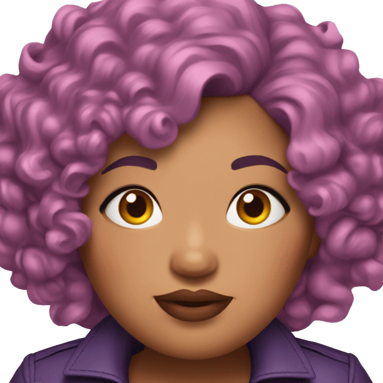 Plus size woman with very short pink curly hair and a purple leather jacket with makeup on face. emoji