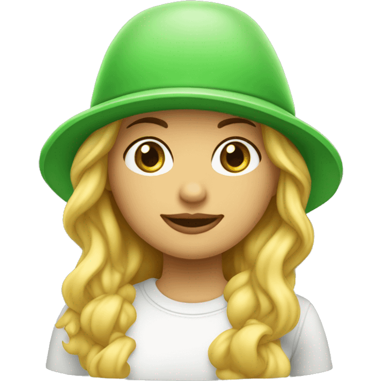 Chica con pelo largo rubio ondulado y un gorro de pelo blanco piel blanca , ojos verdes emoji