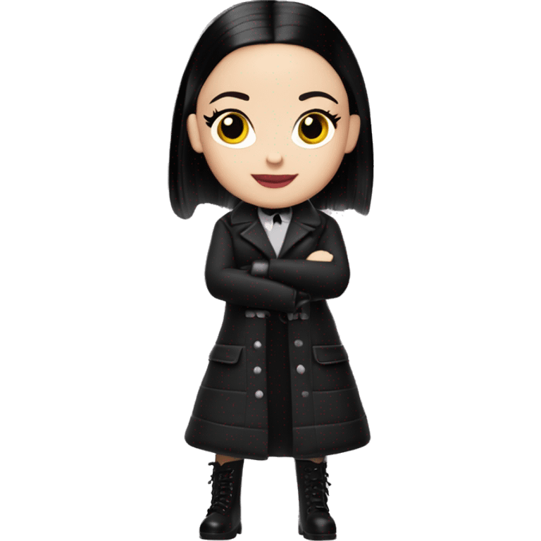 Dazzling Winter Barbie Wednesday Addams.  Wearing coat gloves boots  emoji