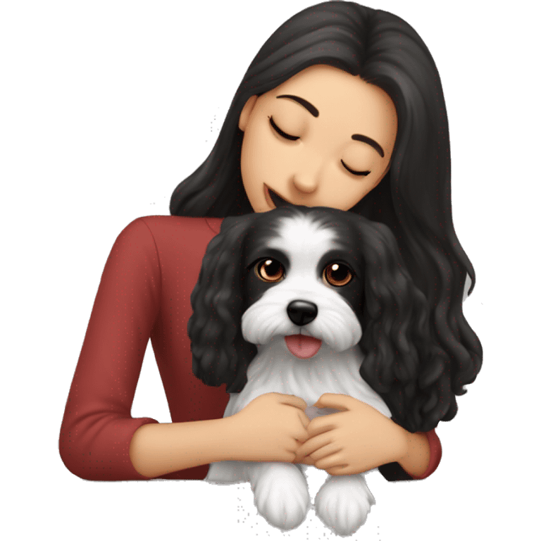 Dark-red-haired girl kiss her Maltese-Black-dog emoji