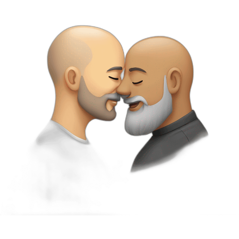 older buzz cut European bearded  man kissing bald older Ethiopian bearded  man emoji