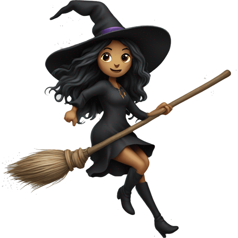 dark long hair witch flying on a broom white skin emoji