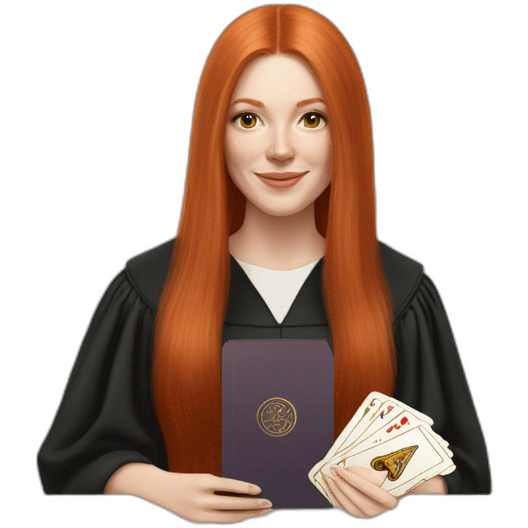 redhead white woman medium long straight hair, celebrating graduation with tarot cards emoji