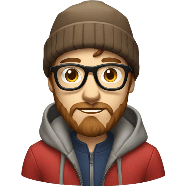 a hipster with short brown hair, glasses, a beanie, with a red jacket on, with a light beard emoji