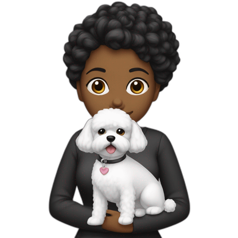 mujer pelo negro con peinado de moño y perro bichon maltés blanco emoji