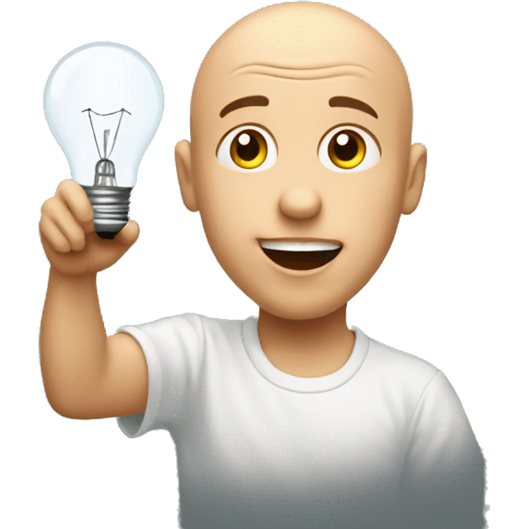 A bald boy with a surprised, joyful face holds up and points to the light bulb hanging above his head   emoji