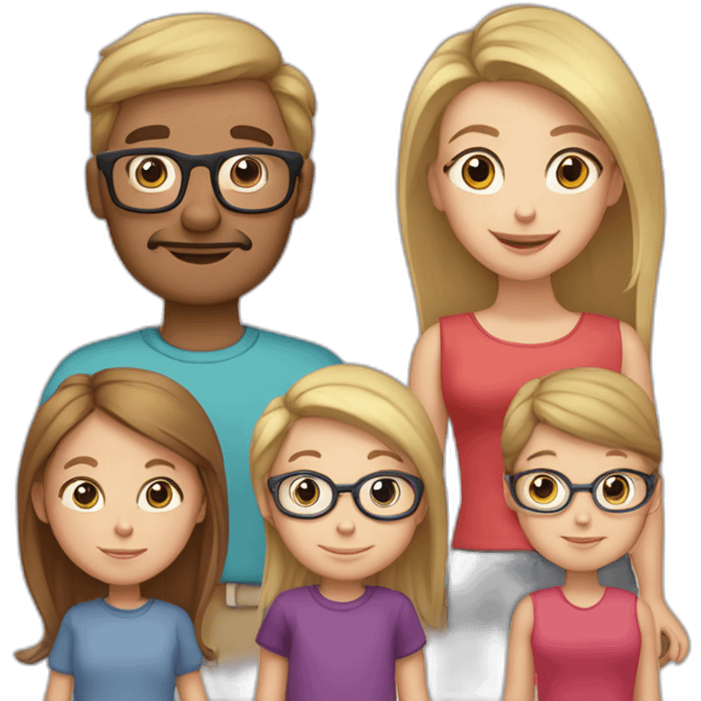 Family of 5 blonde mom, light brown hair dad with glasses, 8 year old blonde girl with glasses, 4year old light brown hair boy and 1 year old light brown hair girl emoji