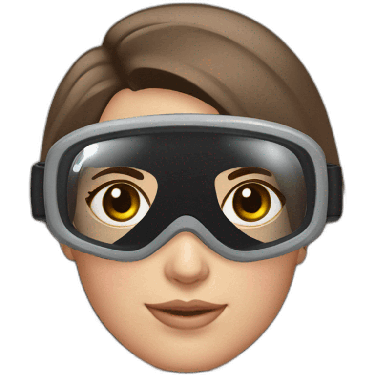 woman with brown eyes, long straight brown hair, pink diving mask with a single crystal. underwater black suit emoji