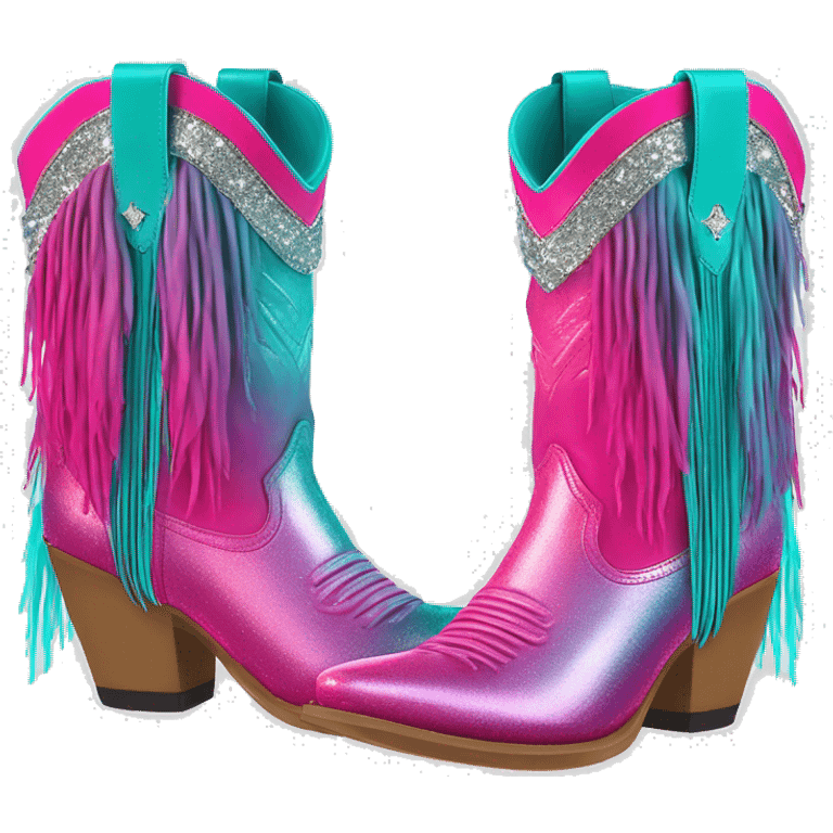 Realistic hot pink to teal ombre pair of fashion cowgirl boots with sparkly shiny glitter fringe on them. emoji