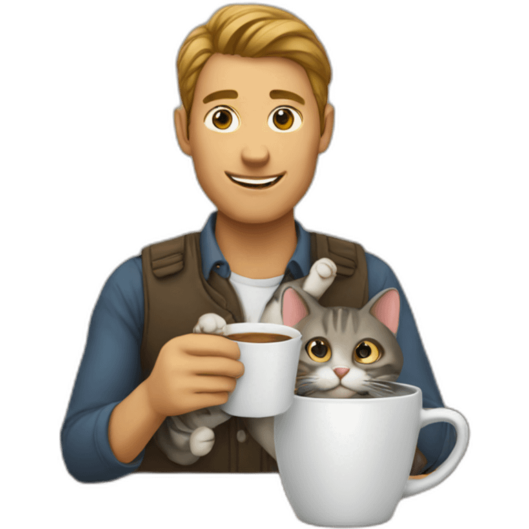 man holding a cup in which a cat is sitting emoji