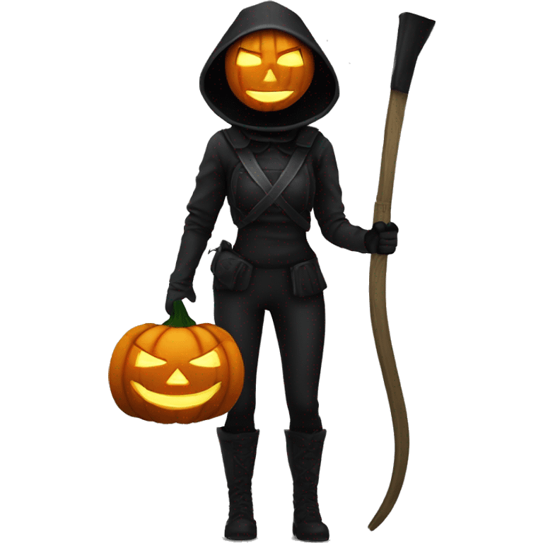 Human female pumpkin hunter with a scythe, glowing pumpkin eyes inside a black helmet, Halloween theme, emoji" emoji