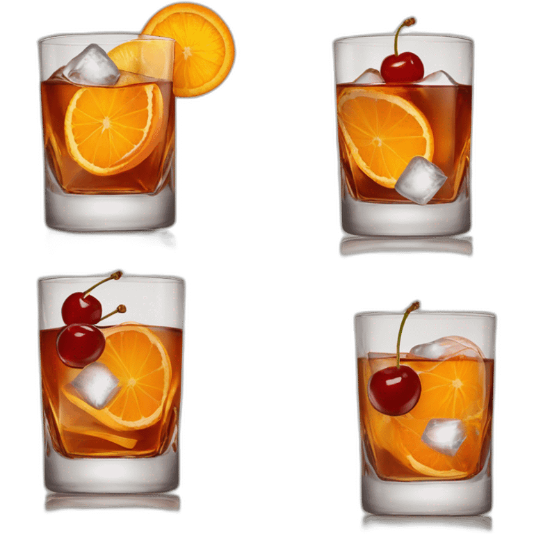 Short old fashioned glass, whiskey cocktail cherry, ice cubes, orange peel twist emoji