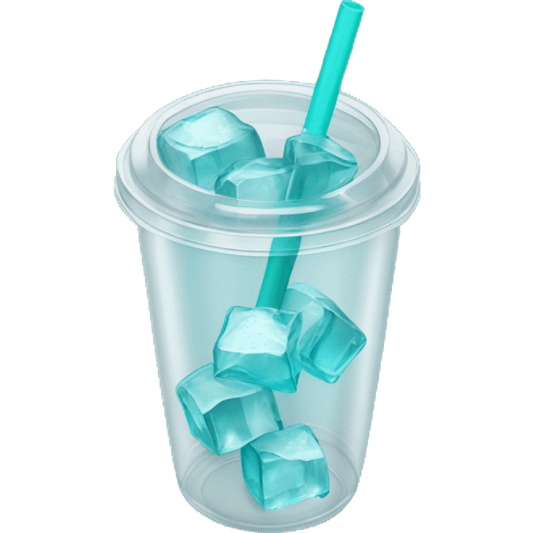 Realistic plastic cup and lid with Transluscent turquoise and large ice cubes inside and one straw through the top of the lid. emoji