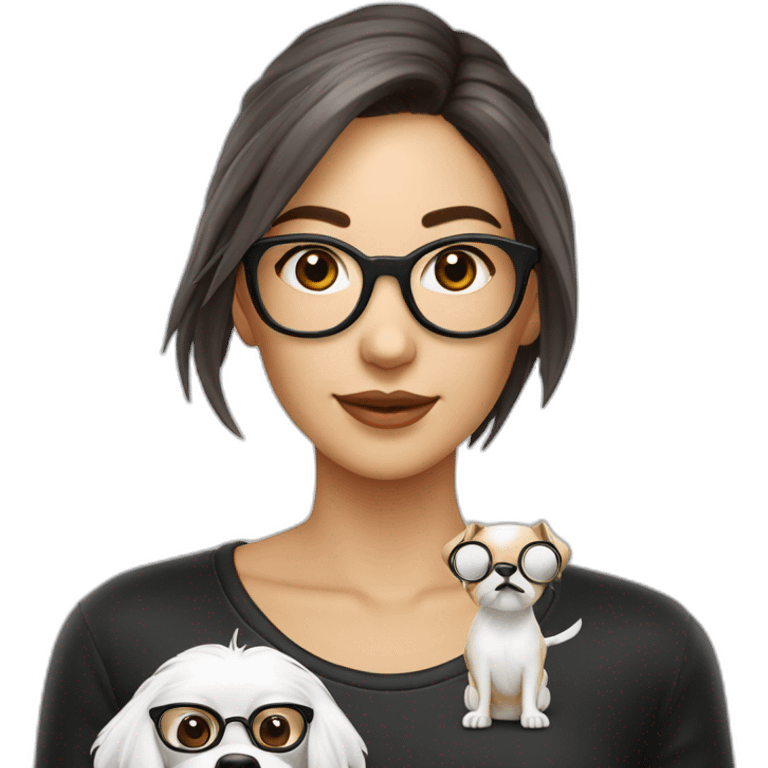 mujer piel banca pelo largo gafas con perro maltés blanco emoji