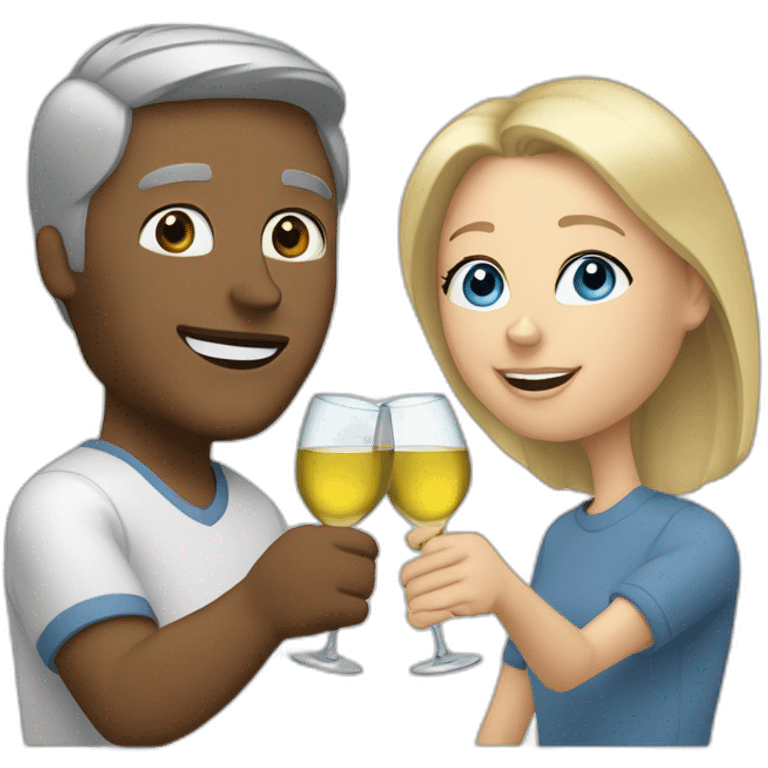 A white woman with brown eyes and blond hair and a white man with blue eyes and grey hair, they toast to each other with a glass of white wine. emoji