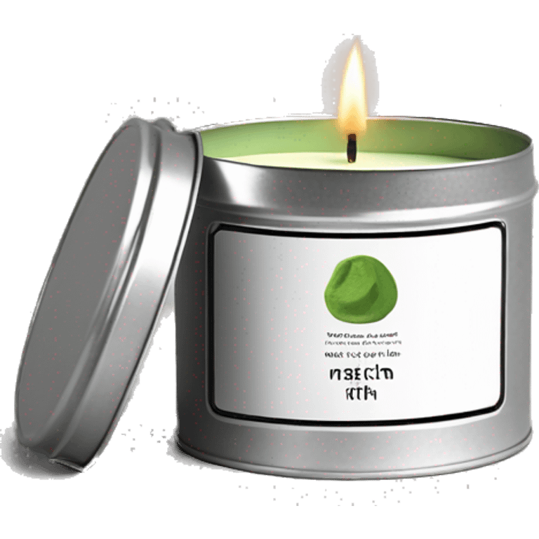 minimal matcha scented lit candle in small silver tin with realistic label emoji