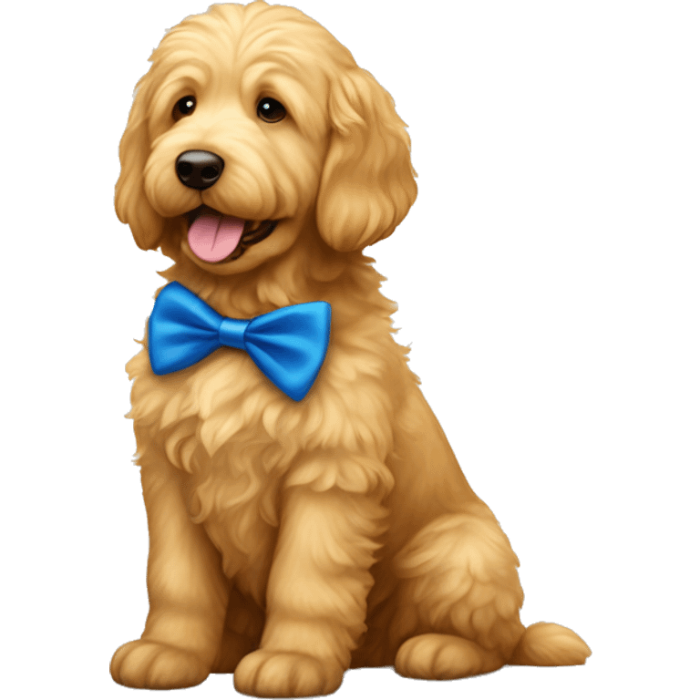 Golden doodle who’s more golden retriever with a blue bow tie emoji