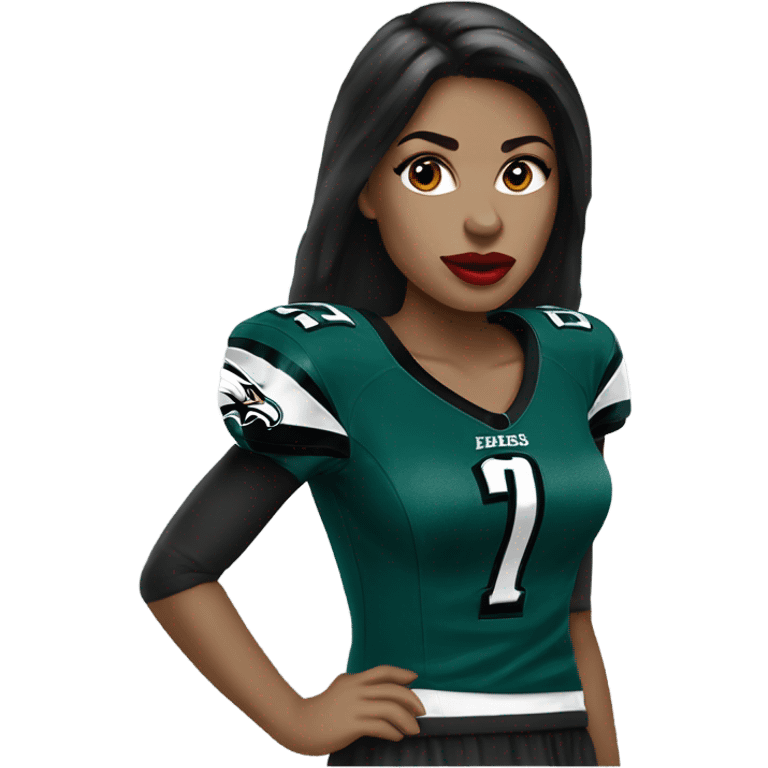 White female long dark hair red lips wearing Philadelphia Eagles jersey emoji