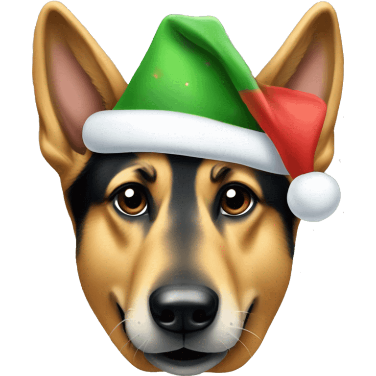 A German shepherd wearing a Christmas hat with a dog bone in its mouth emoji