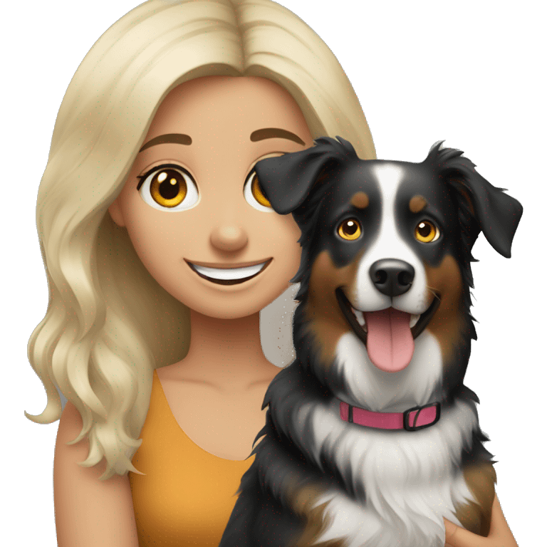 Blonde girl with happy black Australian shepherd emoji