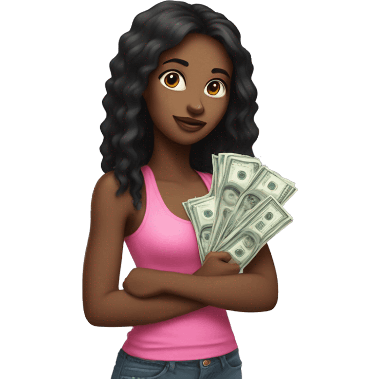 Black girl with long black hair and pink tank top on holding lots of money  emoji