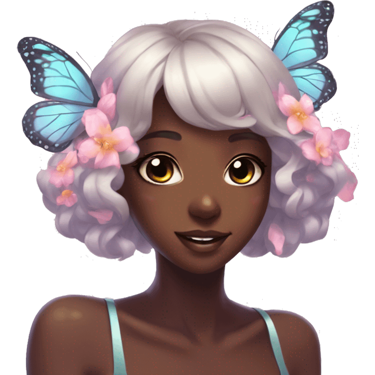 Gorgeous Shiny Pastel Anime-Style dark skin Lady Butterflies flower petals kawaii aesthetic trending style emoji