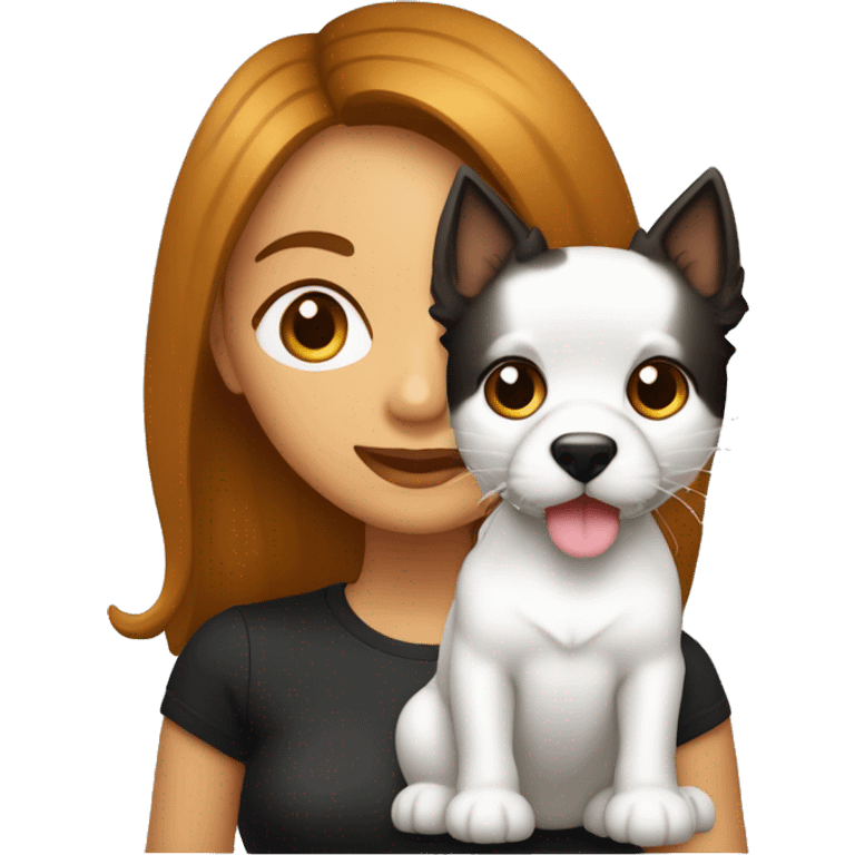 Mulher branca com cabelo comprido liso preto olho castanho escuro com um cachorro vira-lata no colo e um gato fofo no colo emoji