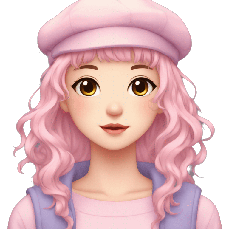 Gorgeous pastel anime girl with blushing face and hair garnitures and pretty hair and a beret aesthetic trending style emoji