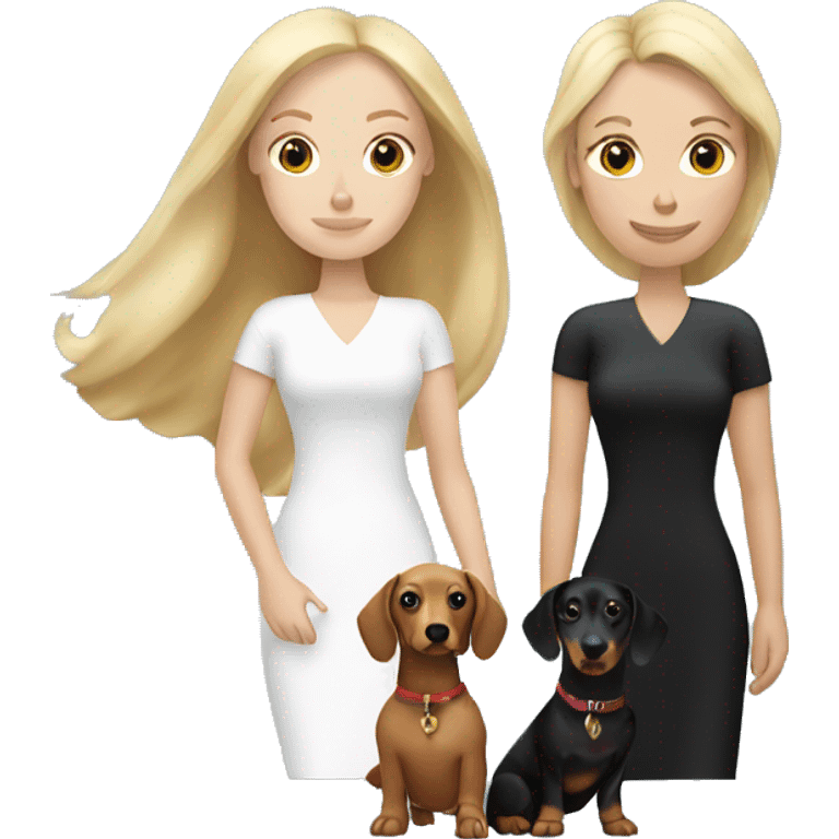 Blonde white woman and Brunette white woman holding black and tan dachshund emoji