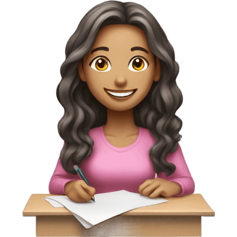 young woman, pink、long hair, smiling, white skin,and is a freelancer about writing paper. emoji