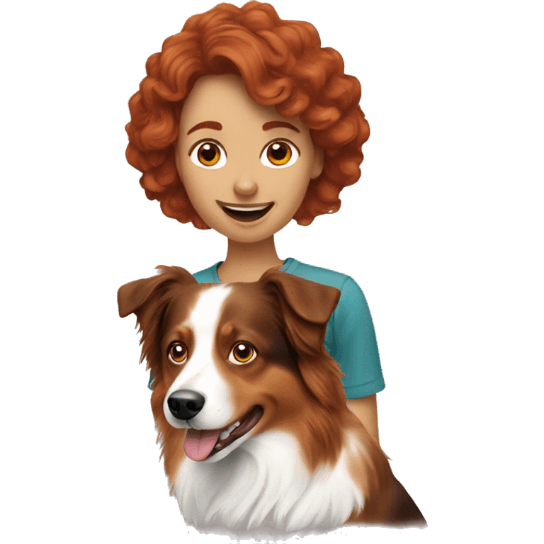 Create an emoji with a redheaded woman and a 2 miniature Australian shepherd dog emoji