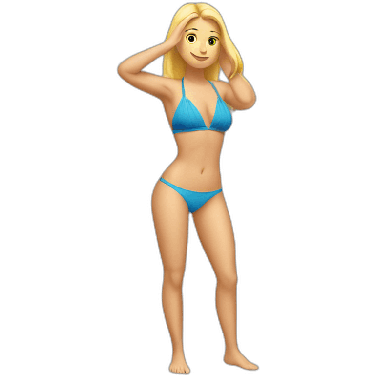 Soft-fit Caucasian woman bikini abs (hands-in-hair pose) (full body) couch emoji