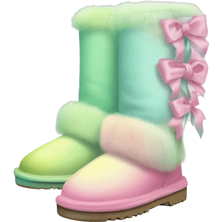 Realistic pair of pastel green,pastel yellow,and pastel pink ombre Ugg fur boots with silk ribbon bows. emoji