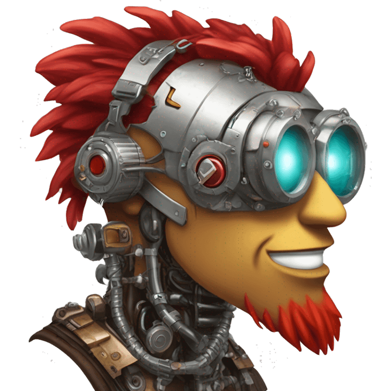 cyborg head with red Mohawk, red beard. silver steampunk monocle goggles a smile and circuits emoji