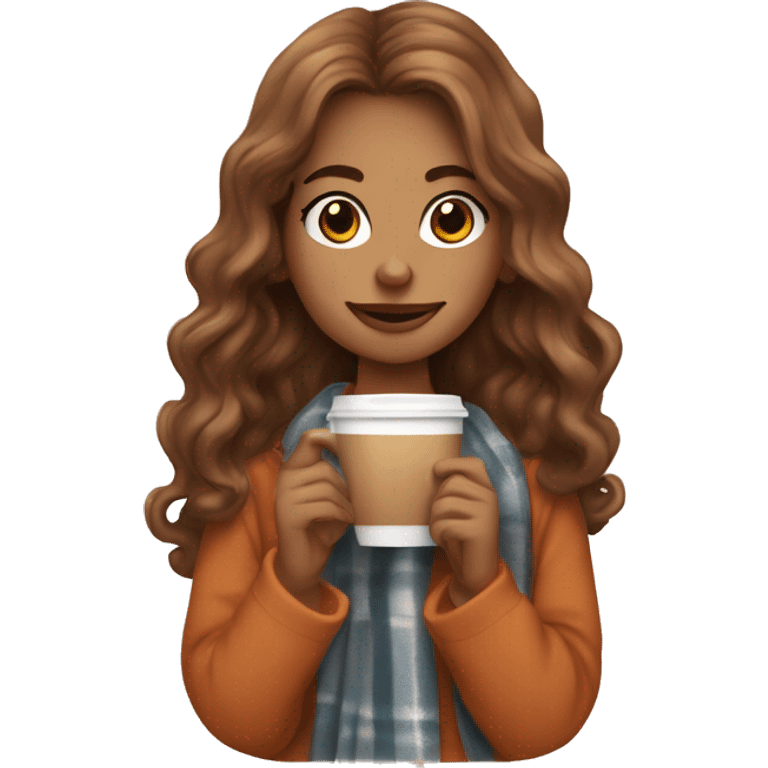 Auburn long wavy haired girl in with a blanket and a latté coffe emoji