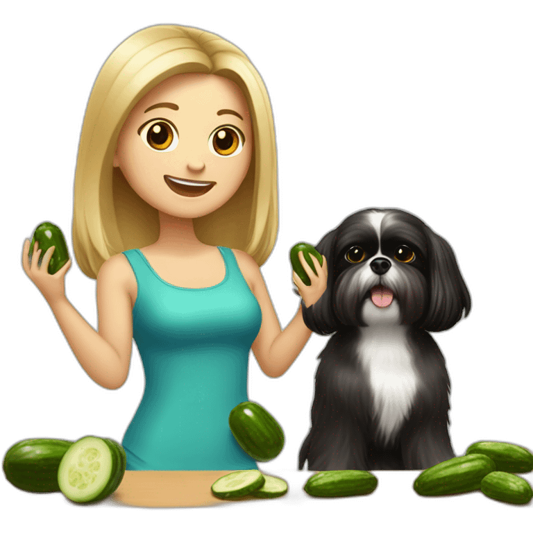 white woman with black long straight hair dancing salsa while eating pickles with a shih tzu dog emoji