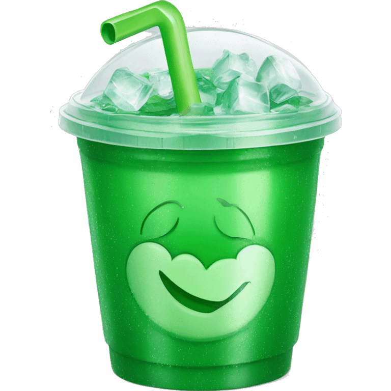 Realistic plastic cup and lid with green soda and large ice cubes inside and straw through the top of the lid. emoji