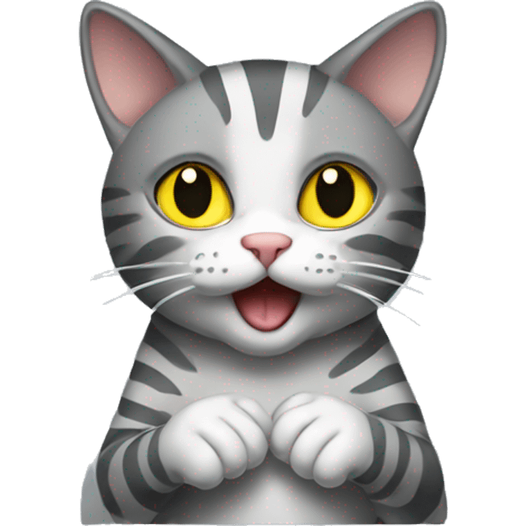 A striped gray cat with yellow eyes licks its paw emoji