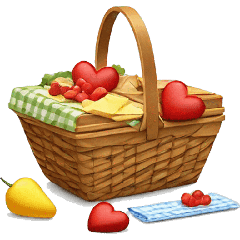 Heart shaped picnic basket with food in it and a white bow on the side of the basket emoji