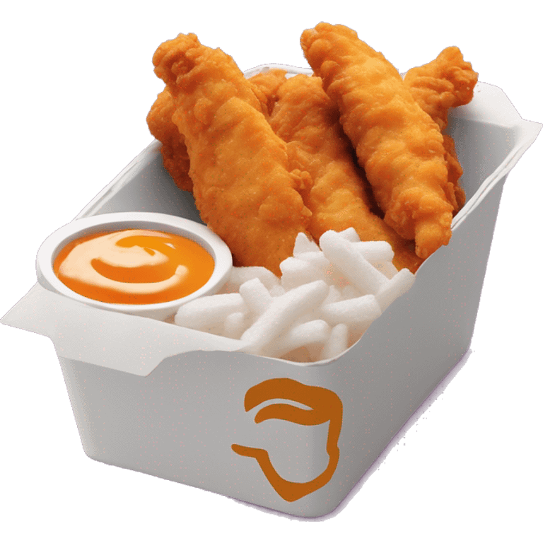 3 chicken tenders with crinkle fries and orange sauce on the side in a styrofoam container styrofoam container emoji