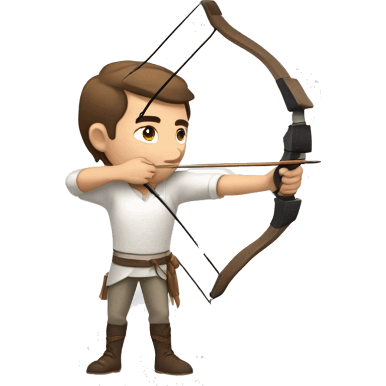 a male archer aiming with a bow facing  his target, eyes closed, wearing a white shirt, very short brown hair, bright skin emoji