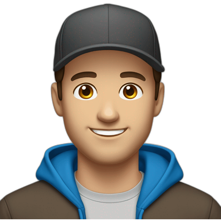 caucasian, male, dark brown hair, dark brown eyes, snap back cap, smiling, blue hoodie emoji