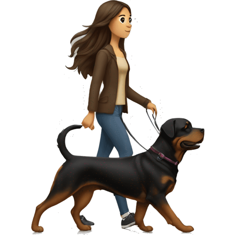 A woman with long brown hair takes a Rottweiler for a walk  emoji