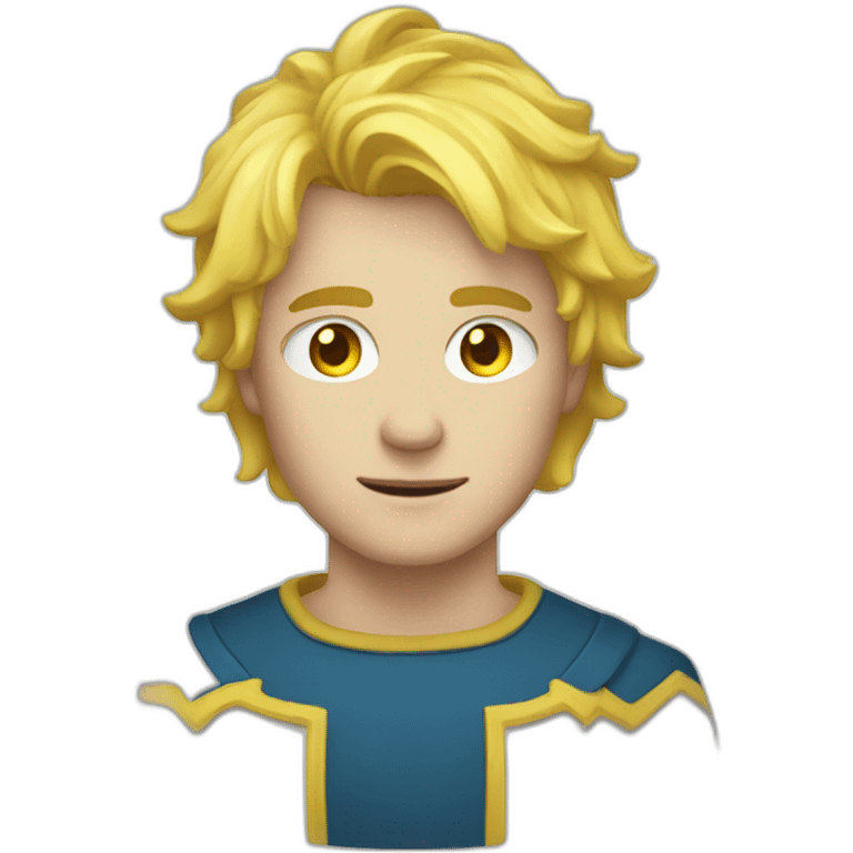 a man blond hair, blue eyes, a yellow aura around hil emoji