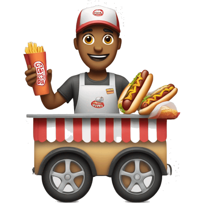 hot dog vendor holding a hot dog in his hand with a hot dog stand in the background with a white background emoji